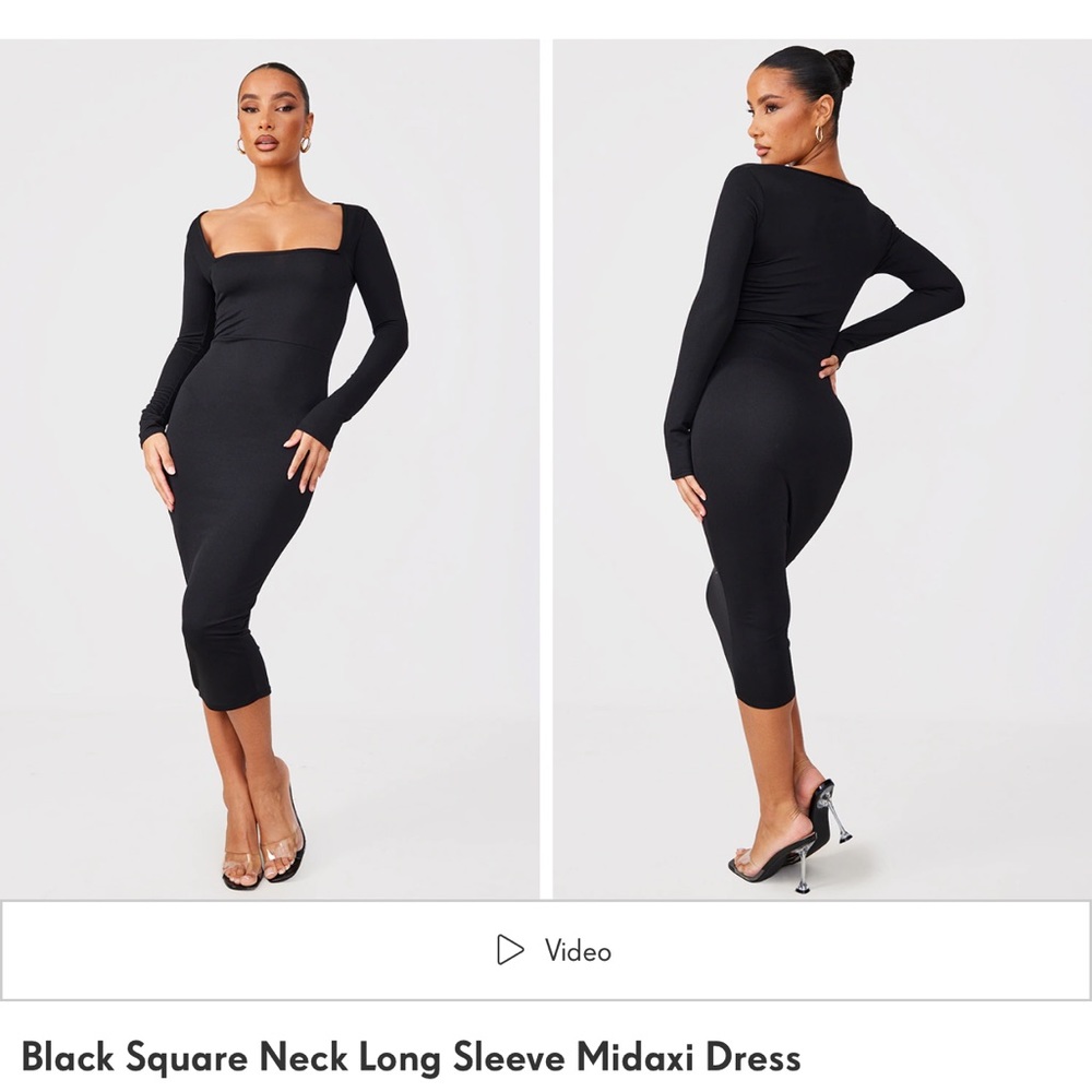 Black Square Neck Long Sleeve Midaxi Dress